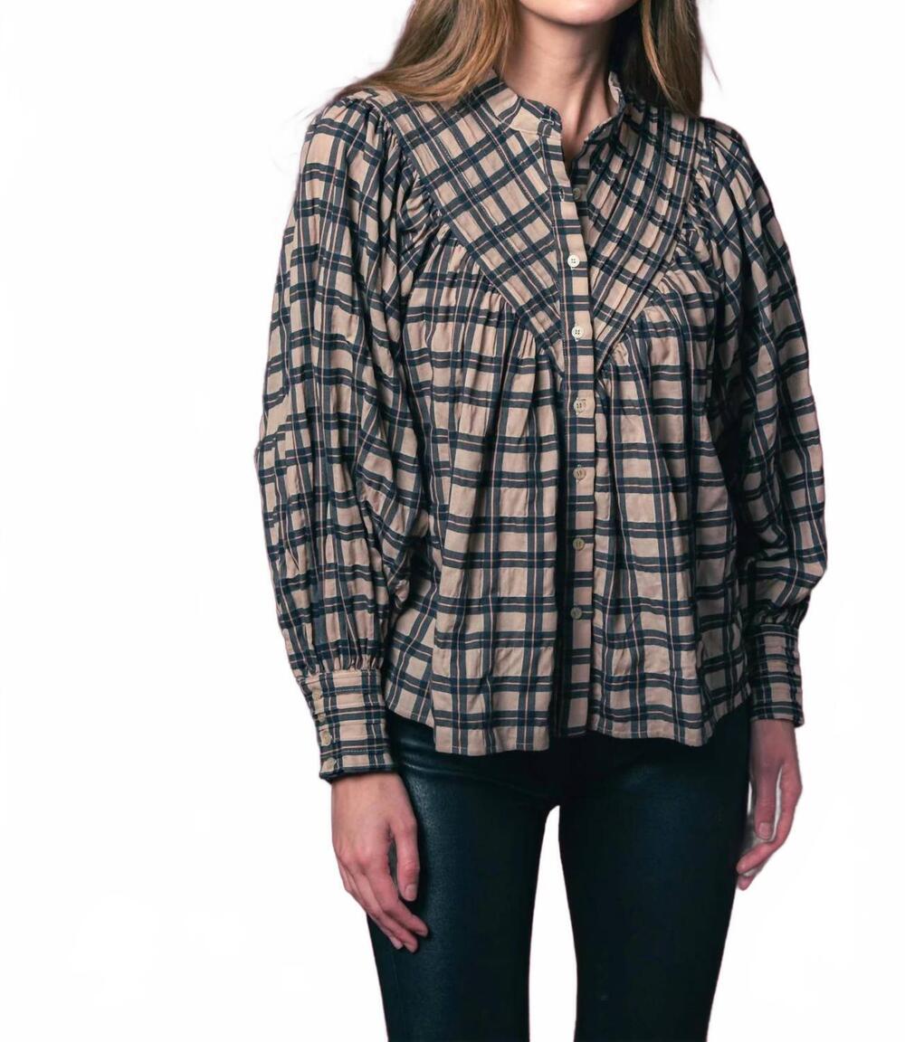 NEW THE SHIRT shiv ruffled shirt in tan/black plaid